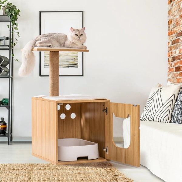 Kattenbakbehuizing, kattenboom met krabpaal, kattenhuis met kattenbed, kattenmeubilair, huisdiermeubilair, houten blikbed, kattenplank