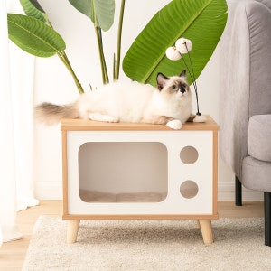 Wooden Cat House TV-shaped, Cat Condo, Wood Cat Bed, Pet Furniture, Cat Furniture, Cat Scratching Pad, Cat Interactive Toy, Wood Cat Shelter