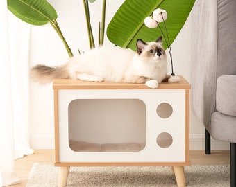 Wooden Cat House TV-shaped, Cat Condo, Wood Cat Bed, Pet Furniture, Cat Furniture, Cat Scratching Pad, Cat Interactive Toy, Wood Cat Shelter