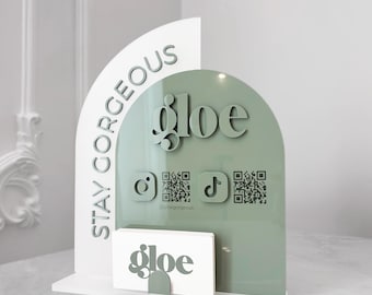 Custom Social Media QR Code Sign - Frosted & Sage Green Acrylic - Instagram Facebook Business Display with Logo - Business Card Holder