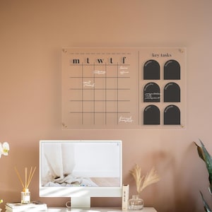 Puede incluir: Un calendario de pared de acrílico transparente con un diseño de cuadrícula y los días de la semana etiquetados en la parte superior. El calendario incluye una sección para tareas clave. El texto del calendario es en blanco y negro.