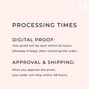 May include: A light pink graphic with the text "PROCESSING TIMES" in black. Below, it details digital proofing and approval times. A logo with the letters "M" and "LASER DESIGN" is in the upper right corner.