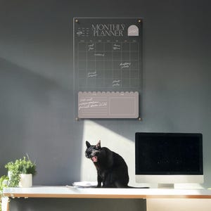 May include: A clear acrylic monthly planner with gold hardware is mounted on a gray wall. The planner has a calendar grid and a note section. A black cat yawns on a white desk below the planner, next to a computer monitor and a potted plant.