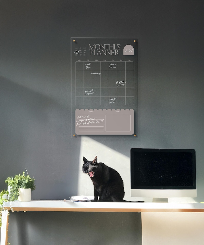 May include: A clear acrylic monthly planner with gold hardware is mounted on a gray wall. The planner has a calendar grid and a note section. A black cat yawns on a white desk below the planner, next to a computer monitor and a potted plant.