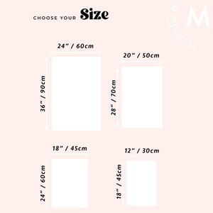 May include: A light pink background with the text "CHOOSE YOUR Size". Four white rectangular shapes are displayed with size measurements in inches and centimeters: 36"/90cm, 24"/60cm, 28"/70cm, 20"/50cm, 24"/60cm, 18"/45cm, 18"/45cm, and 12"/30cm.