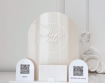 Coffee Shop Beige QR Code Sign with 3D Logo & Social Media Icons - Arch Design with Business Card Space - Payment QR Codes