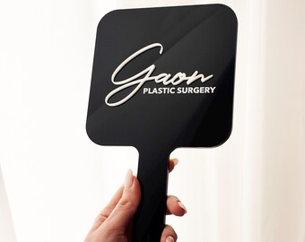 Hand Mirror Shiny Black Acrylic - 3D White Logo for Plastic Surgery Reveal - Surgical Branding Cosmetic Institute - Patient Result Tool
