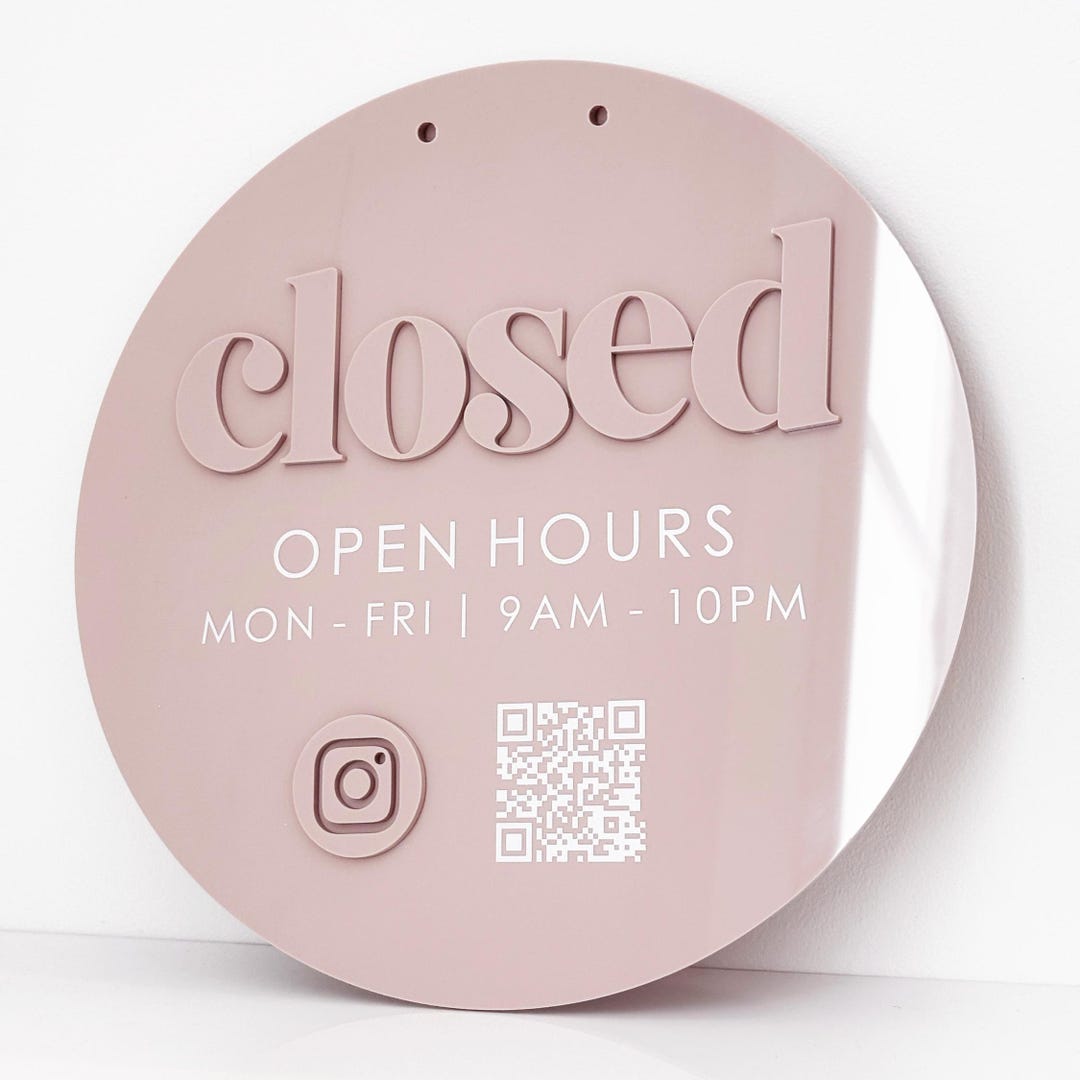 Pink Round Closed Sign - 3D Open Shop Signage - Custom Business Hours ...