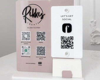 Geschäftsschild mit schwarzem und pinkfarbenem QR-Code – Schild aus staubigem Acryl für Social Media und Zahlungen – Salon-Logo – Instagram, Facebook, Venmo