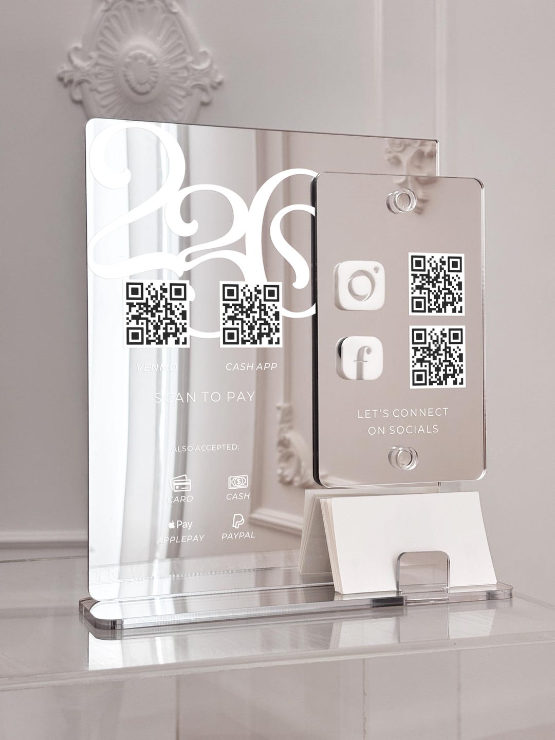 Custom Silver Mirror QR Code Sign With Business Card Slot - Social ...