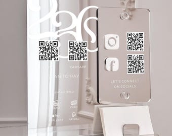 Spiegel-QR-Code-Schild mit Visitenkartenfach – QR-Code-Display für soziale Medien, Website und Zahlungen – Acryl-Empfangsschild