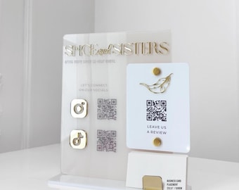 Custom Beige QR Code Sign Gold Mirror - Leave a Review QR Code Business - Beauty Salon Social Media QR Code Sign - Frontdesk Decor