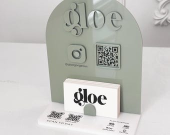 Custom Sage Green QR Code Sign - Business Display with Logo, Payment Options, & Business Card Slot - Instagram QR Code Plaque