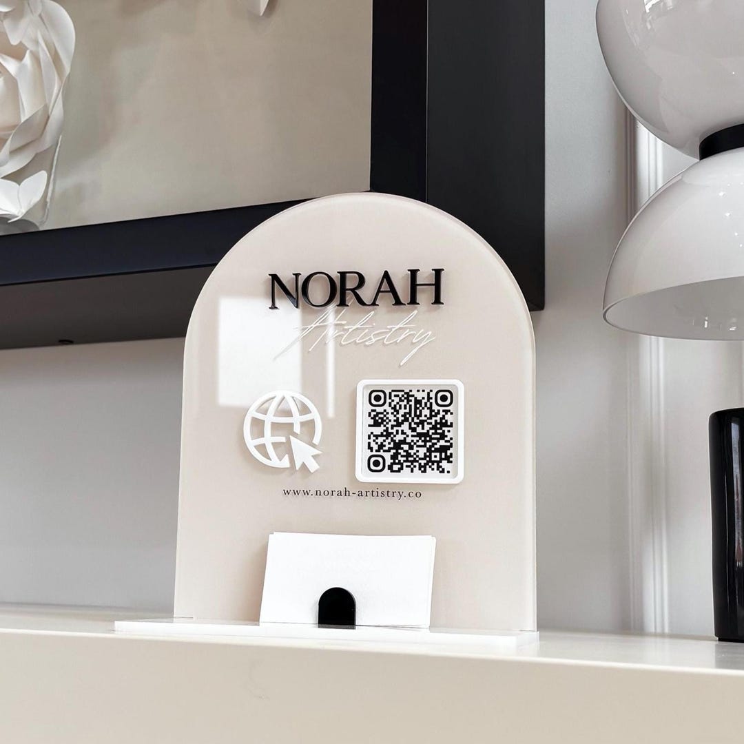 Front Desk QR Code Sign - Beige Acrylic Business Card Holder - Social ...