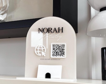Front Desk QR Code Sign - Beige Acrylic Business Card Holder - Social Media Display - Website Icon Payment Display