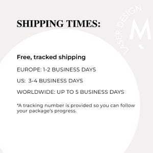 May include: Text on a light beige background reads "SHIPPING TIMES:" followed by "Free, tracked shipping." Shipping times are listed for Europe, US, and Worldwide. A logo with the letters "M" and "Laser Design" is in the upper right corner.