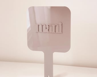 Lustro ręczne na zamówienie – Spersonalizowane lustro ręczne z logo salonu – Przyrząd do makijażu w kolorze brudnego różu – Prezent dla fryzjera – Akcesorium dla technika rzęs