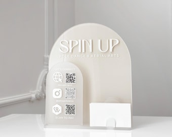 Beige Acrylic QR Code Sign - Custom 3D White Display with Business Card Slot - Social Media Payment
