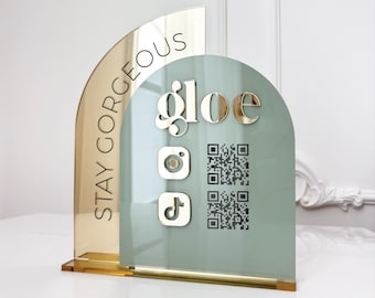 Salon QR Code Schild - Gold & Salbeigrün Business QR Plakette - Social Media und Zahlungsanzeige - Thekenschild