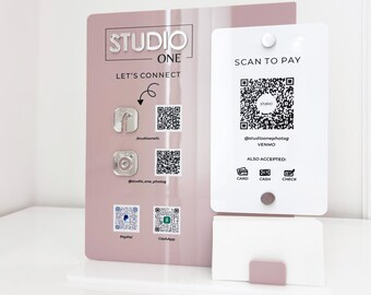 Pink QR Code Sign with Silver Mirror - Business Logo Display with Social Media & Payment QR Codes - Business Branding