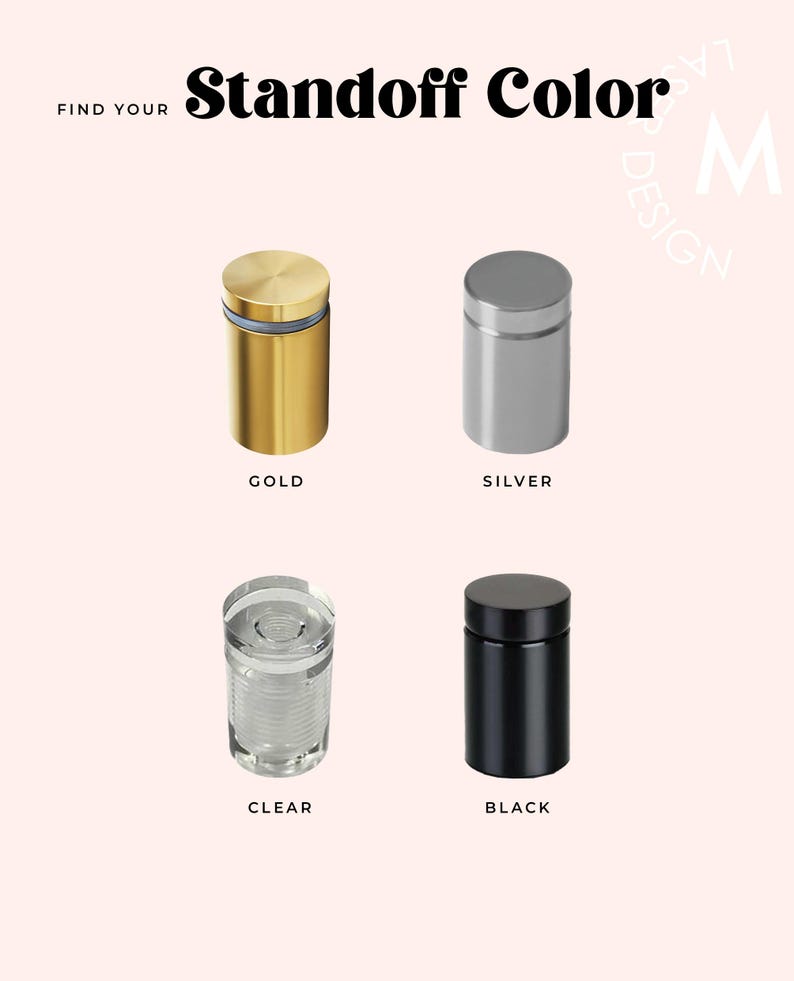 May include: Image featuring four standoff colors: gold, silver, clear, and black. The text "Find Your Standoff Color" is at the top. Each standoff is cylindrical with a flat top, showcasing a variety of finishes for design projects.