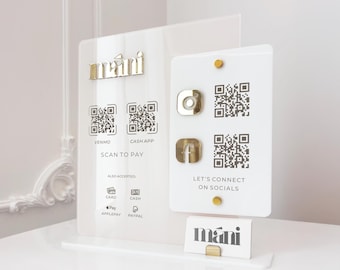 Custom QR Code Business Sign - Beige Social Media Payment QR Code Plaque - Instagram Facebook Salon Display - Gold Mirror Logo & Icons