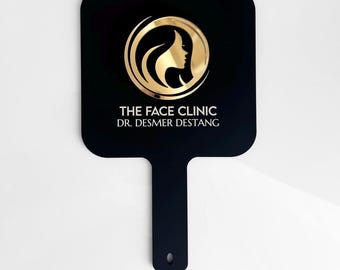 Reveal Hand Mirror - Matte Black Acrylic - 3D Gold Mirror Logo for Luxury Salon Branding and Makeup Artist - Portfolio Tool 6x10"