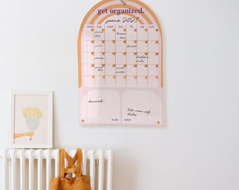 Łukowy akrylowy miesięczny planer - Boho Rainbow Wall Calendar - Tablica suchościeralna z nadrukiem UV - Harmonogram dla dzieci lub dorosłych - Tygodniowa tablica harmonogramu