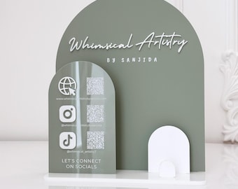 Custom Sage Green QR Code Sign with Business Logo - Social Media QR Display & Business Card Slot - Acrylic Reception Desk Sign