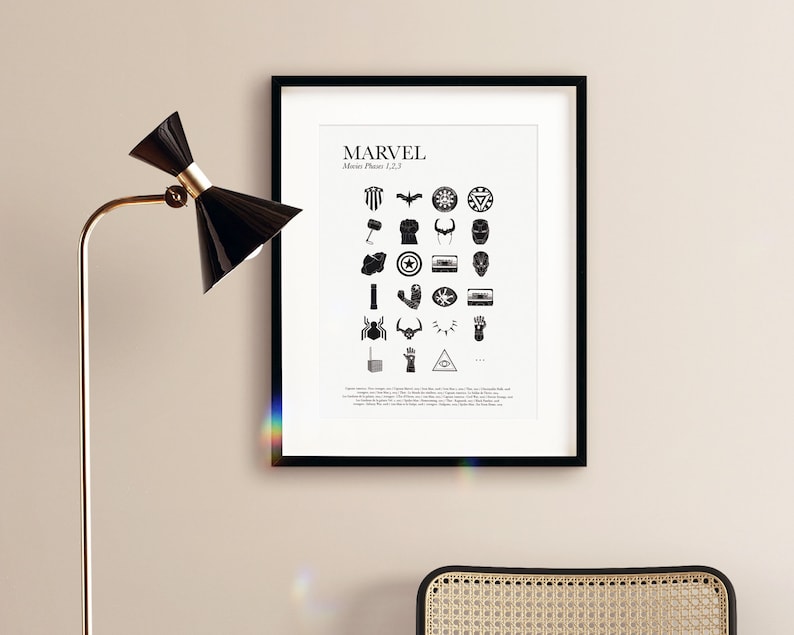 May include: Black and white print of Marvel movie phase 1, 2, and 3 logos. The print is framed in a black frame and hanging on a light beige wall.