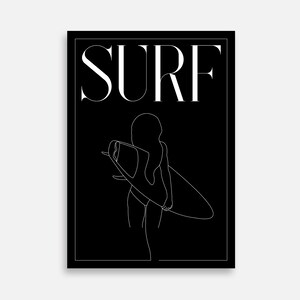 May include: Black and white line art illustration of a person surfing on a wave. The word "SURF" is written in white text at the top of the image.