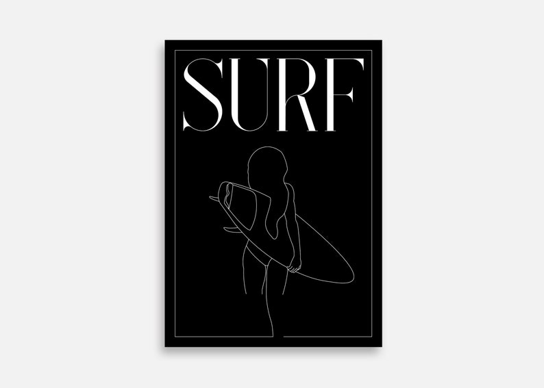 May include: Black and white line art illustration of a person surfing on a wave. The word "SURF" is written in white text at the top of the image.