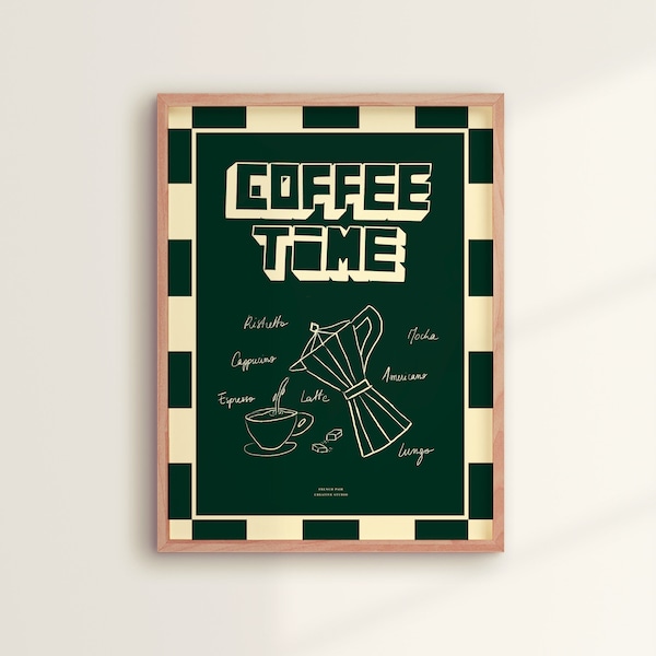 Affiche "COFFEE TIME" | impression d'art pour les amoureux du café, fond vert - décoration pour la cuisine...