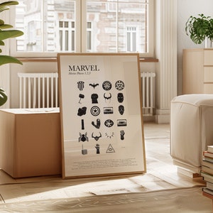 May include: A black and white poster with the word "MARVEL" in large letters at the top. Below the word "MARVEL" is the text "Movie Phases 1, 2, 3". The poster features a grid of 24 black and white icons representing characters and objects from the Marvel Cinematic Universe.