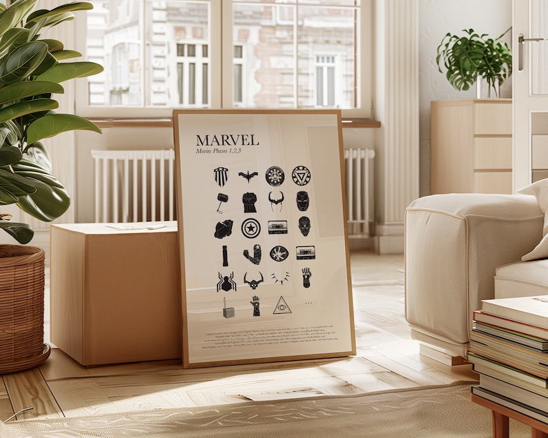 May include: A black and white poster with the word "MARVEL" in large letters at the top. Below the word "MARVEL" is the text "Movie Phases 1, 2, 3". The poster features a grid of 24 black and white icons representing characters and objects from the Marvel Cinematic Universe.