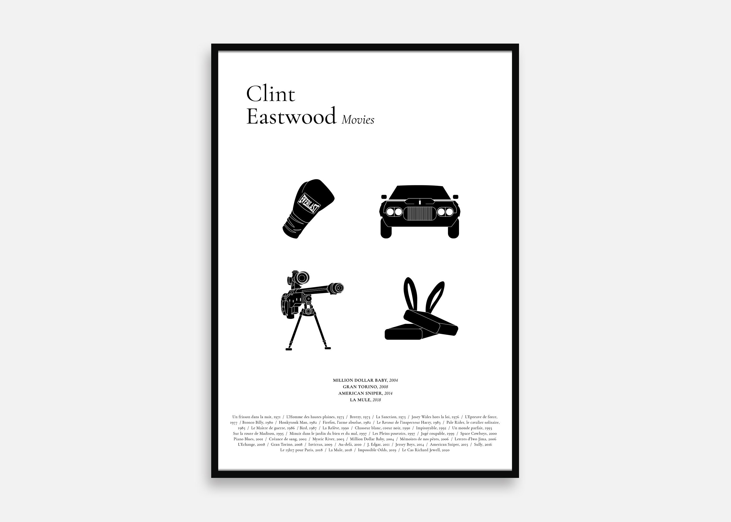 Affiche Clint Eastwood Movies | Poster Minimaliste Signé - Million Dollar Baby, Gran Torino, America