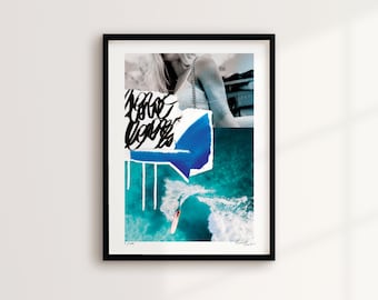 Affiche "SURF" | impression d'art, édition limitée 100 exemplaires - Inspirée de surf Californie - couleurs tons bleu - peinture, collage