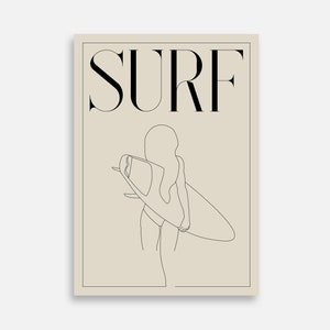 May include: A line drawing of a person holding a surfboard with the word "SURF" in black text above the image.
