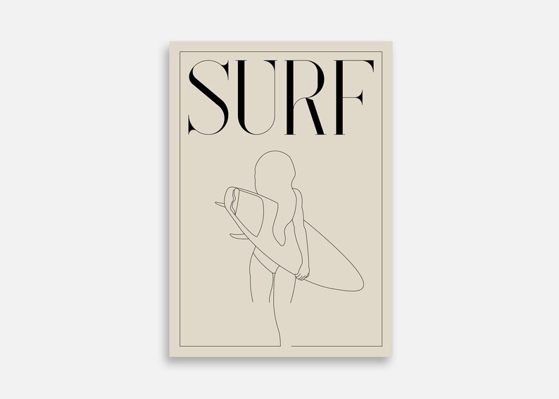 May include: A line drawing of a person holding a surfboard with the word "SURF" in black text above the image.