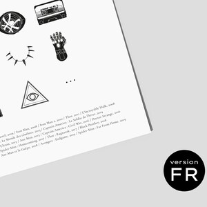 May include: Black and white illustration of various Marvel movie symbols, including the Infinity Gauntlet, Captain America's shield, and the Eye of Agamotto. The text below lists the titles of Marvel movies in chronological order.