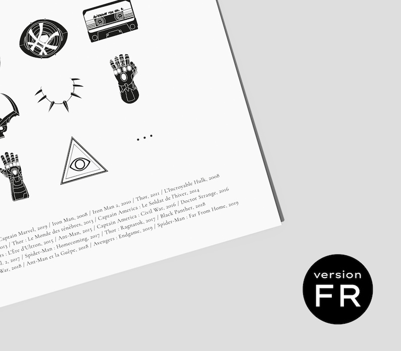 May include: Black and white illustration of various Marvel movie symbols, including the Infinity Gauntlet, Captain America's shield, and the Eye of Agamotto. The text below lists the titles of Marvel movies in chronological order.