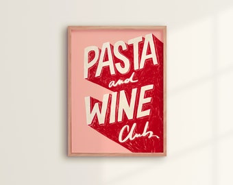 Affiche "Pasta and Wine" | impression d'art pour les amateurs de pâtes et de vin - couleurs rouge, rose - poster, décoration pour la cuisine