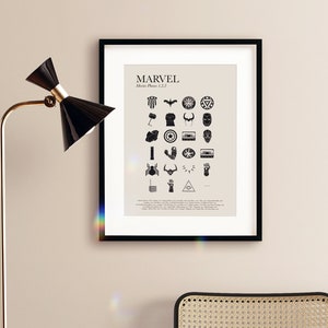 May include: A black framed print with the word "MARVEL" and the text "Movie Phases 1, 2, 3" in white. The print features a grid of black and white icons representing characters and objects from the Marvel Cinematic Universe.