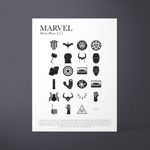 May include: Black and white graphic design poster with the word "MARVEL" and the text "Movies Phases 1,2,3". The poster features a grid of 24 black and white icons representing characters and objects from the Marvel Cinematic Universe.
