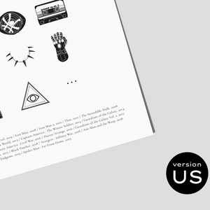 May include: Black and white illustrations of various Marvel movie symbols, including the Infinity Gauntlet, the Eye of Agamotto, and a cassette tape. The text below the images lists the titles of Marvel movies, including "Iron Man", "Thor", "Guardians of the Galaxy", and "Avengers". The text "version US" is at the bottom of the image.