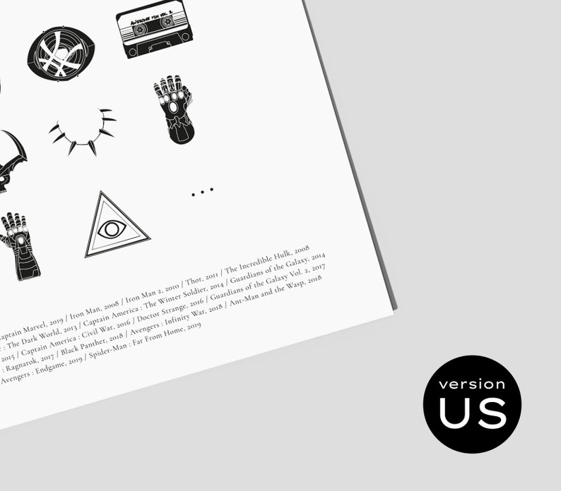 May include: Black and white illustrations of various Marvel movie symbols, including the Infinity Gauntlet, the Eye of Agamotto, and a cassette tape. The text below the images lists the titles of Marvel movies, including "Iron Man", "Thor", "Guardians of the Galaxy", and "Avengers". The text "version US" is at the bottom of the image.