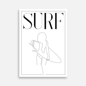May include: Line art illustration of a person holding a surfboard with the word "SURF" in bold black letters above the image.