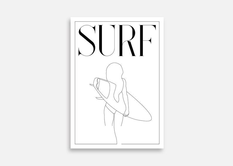 May include: Line art illustration of a person holding a surfboard with the word "SURF" in bold black letters above the image.