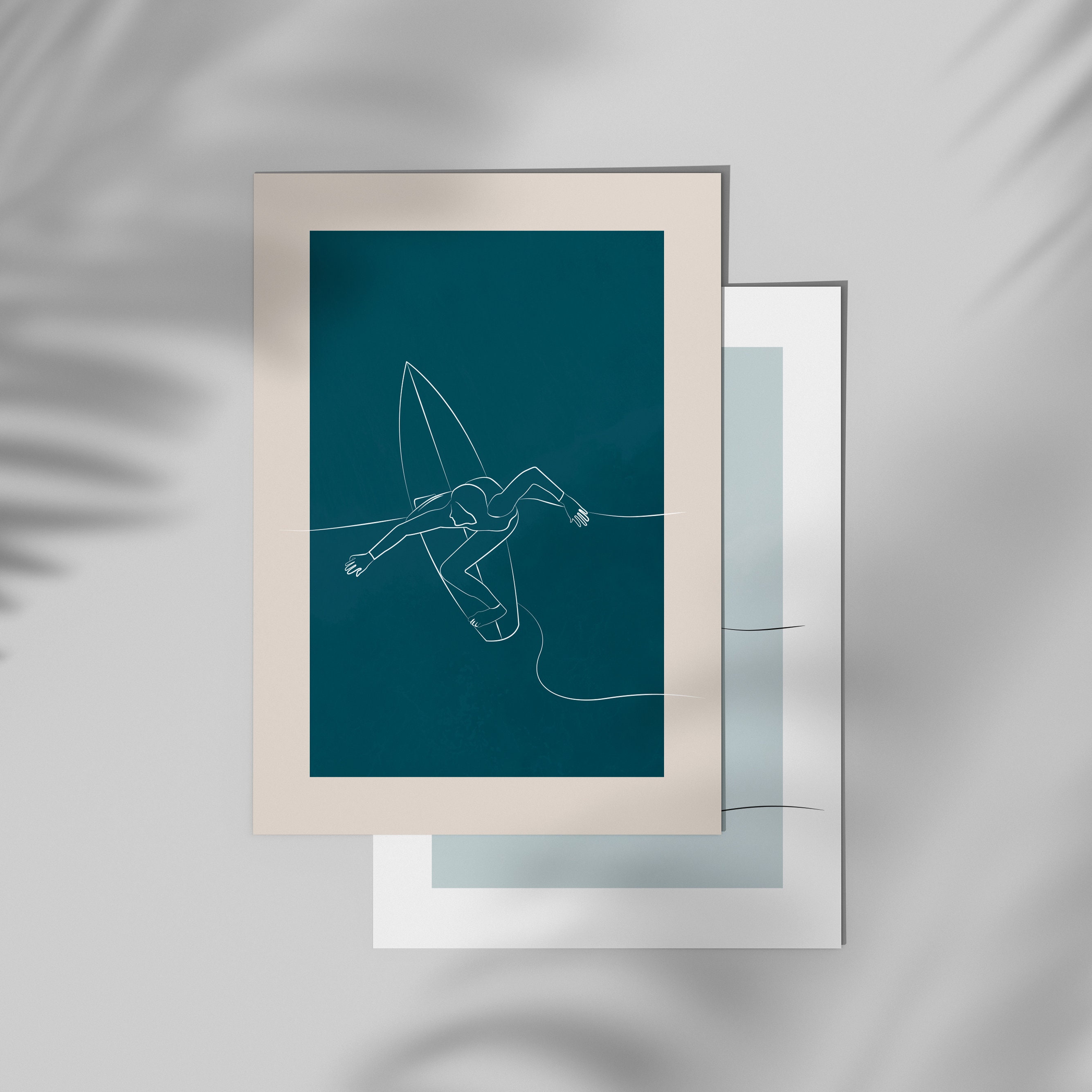 Affiche Surfer | Poster Minimaliste Signé - Bleu Foncé, Beige, de Prusse, Gris Sport, Surf Affiche F