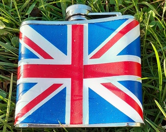 7 OZ Stainless Steel British Union Jack Flag Vintage Hip Flask PU Leather Cover 